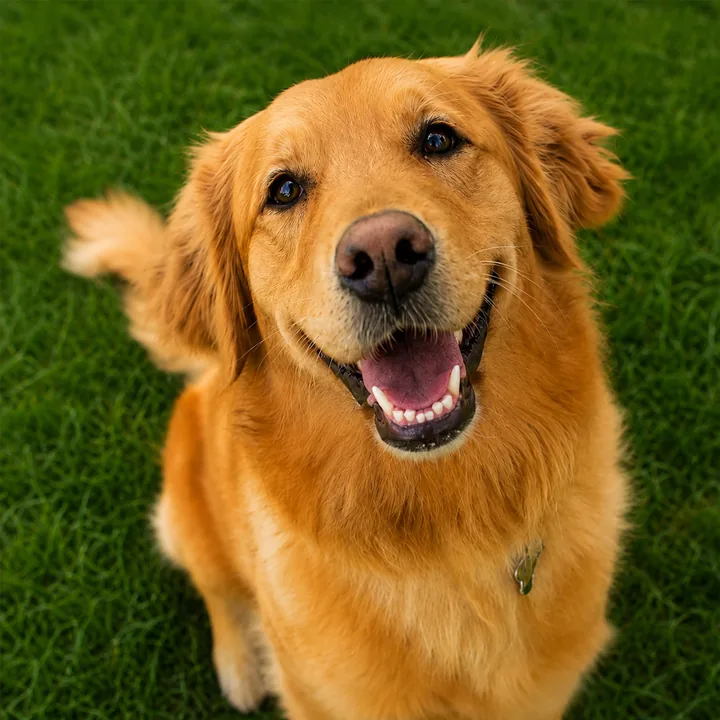 Happy golden retriever sitting on green grass