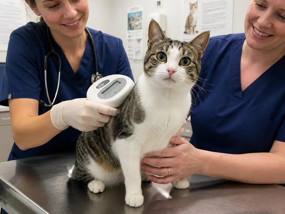 Cat scanned for microchipped at veterinary